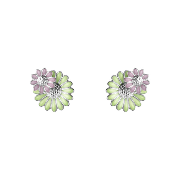 Georg Jensen, Daisy, ørestikker, 2 blomster grøn/lyserød emalje
